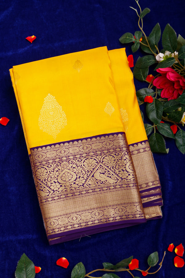 Pure Kanchipuram Silk Saree-Yellow And Navyblue-PA23554