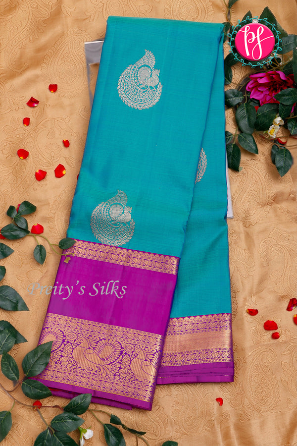 Pure Kanchipuram Silk Saree-TurquoiseAnd Deep Magenta-PA26221