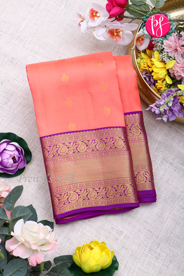 Half Pure Kanchipuram Silk Saree-Light coral And Lavender-PA25832
