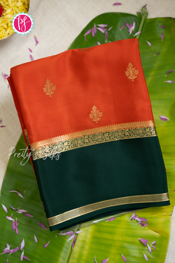 Pure Mysore Crepe Silk Saree-Orange And Bottlegreen- PA56316