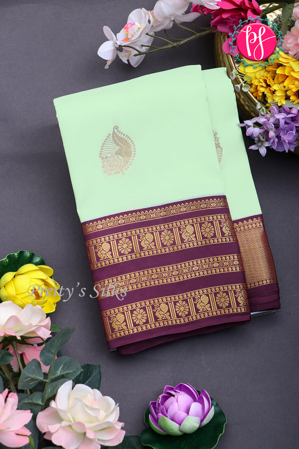 Half Pure Kanchipuram Silk Saree-Pastel Mint Green And Dark Purplish-pink-PA25832