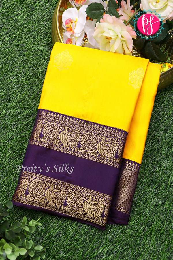Pure Kanchipuram Silk Saree-Yellow And Navyblue-PA23514