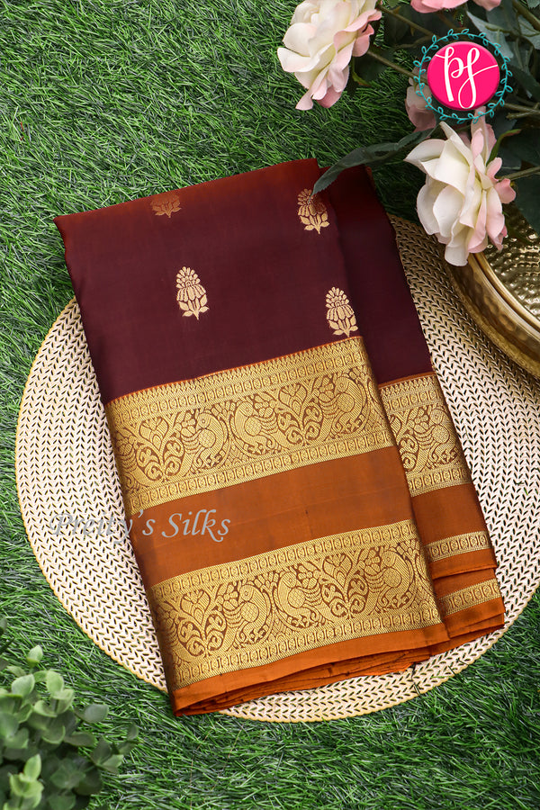 Half Pure Kanchipuram Silk Saree-Chocolate Brown And Mustardyellow-PA25793