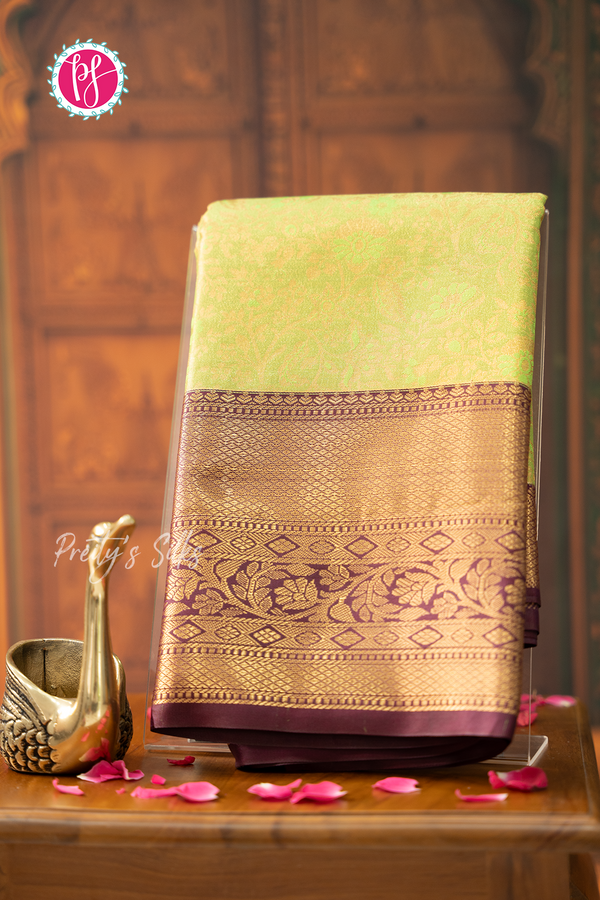 Semi Kanchipuram Silk Saree-Lightgreen And Wine-PA57094
