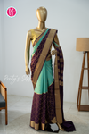 Pure Mysore Crepe Silk Saree-Half And Half pattern-DistempergreenAnd DeepPurple- PA56238