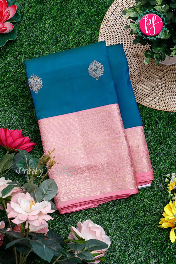 Pure Kanchipuram Silk Saree-Peacockblue And Babypink-PA25014