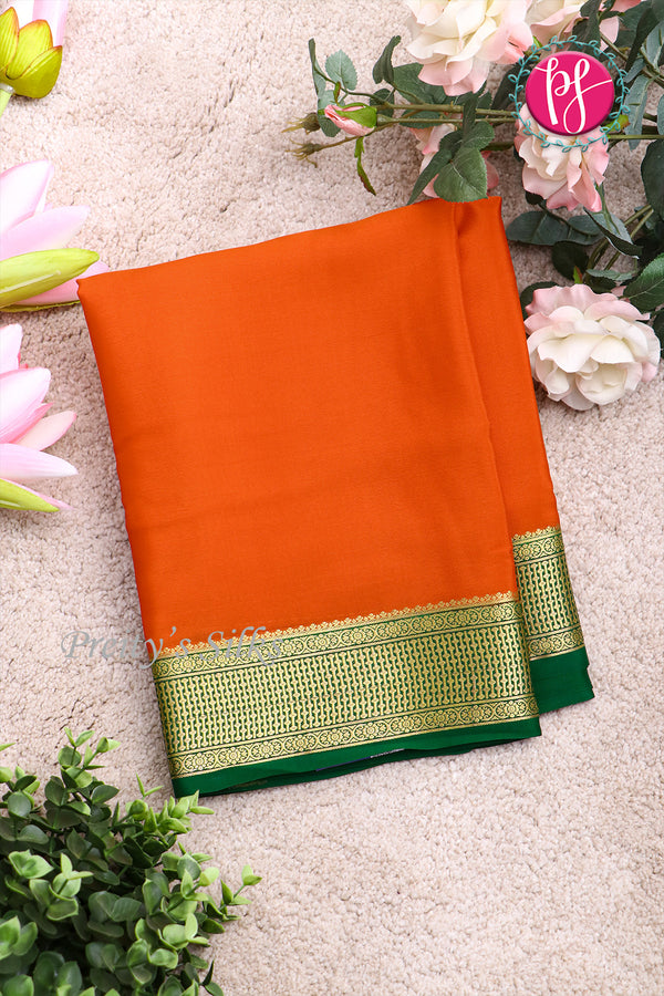 Pure Mysore Crepe Silk Saree -Orange And Bottlegreen-PF82724