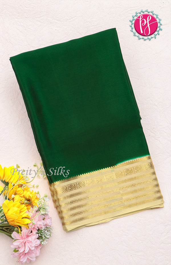 Pure Mysore Crepe Silk Saree-Bottlegreen And Cream-PF66927