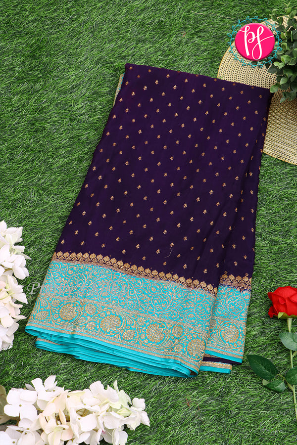 Pure Banarasi Crepe Silk Saree-Navy blue And Skyblue-PA22100