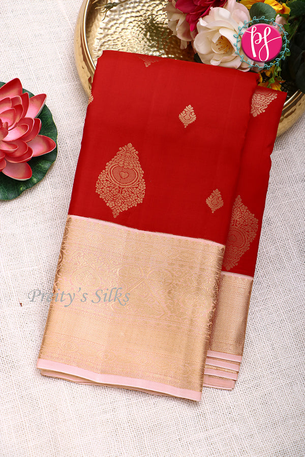 Pure Kanchipuram Silk Saree-Red And lightpink-PF81272