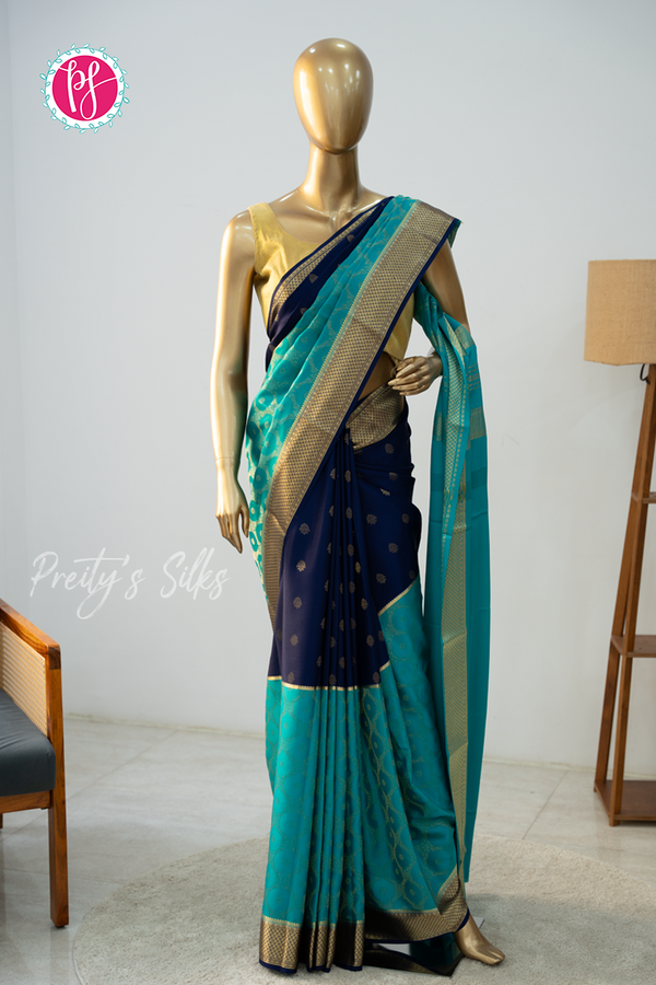 Pure Mysore Crepe Silk Saree-Half And Half pattern-Navyblue And Tealblue- PA56238