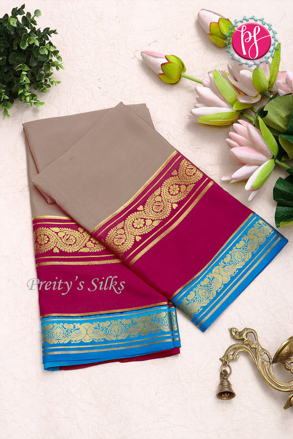 Pure Mysore Crepe Silk Saree-Muted Clay And Pink And skyblue-PA86236
