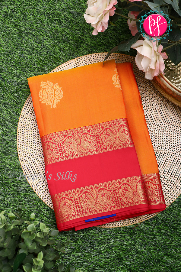 Half Pure Kanchipuram Silk Saree-Orange And Red-PA25793