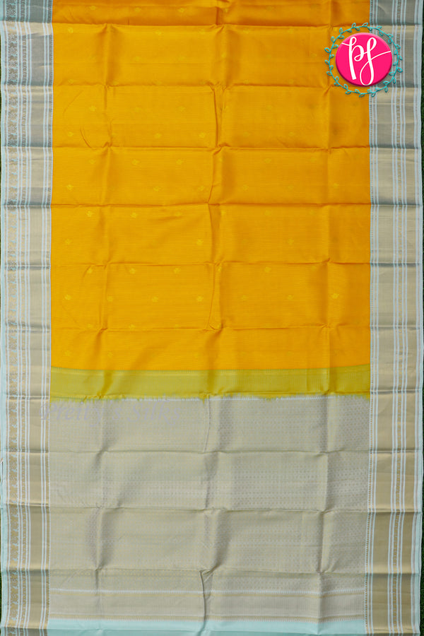 Pure Kanchipuram Silk Saree-Yellow And Iceblue-PA23542