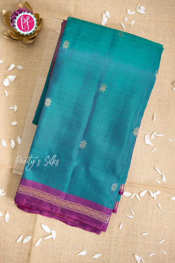 Half Pure Kanchipuram Silk Saree -Dark Aquablue with Purple-PA56648