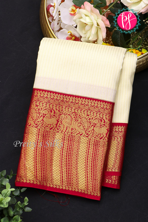 Pure Kanchipuram Silk Saree-Halfwhite And Maroon-PA23597