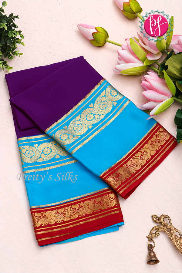 Pure Mysore Crepe Silk Saree -Brinjalpurple And Skyblue Red-PA01241