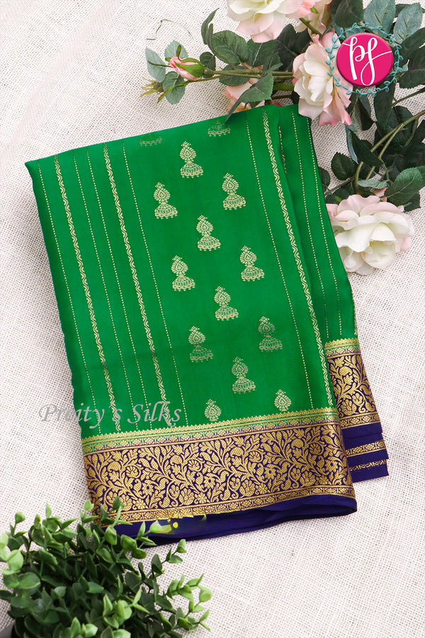 Pure Mysore Crepe Silk Saree -Green And Navyblue-PA01164