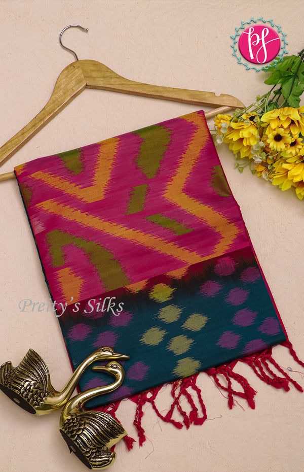 Pure Pochampally Soft Silk saree- Peacock Blue With Reddish Pink-PF03834