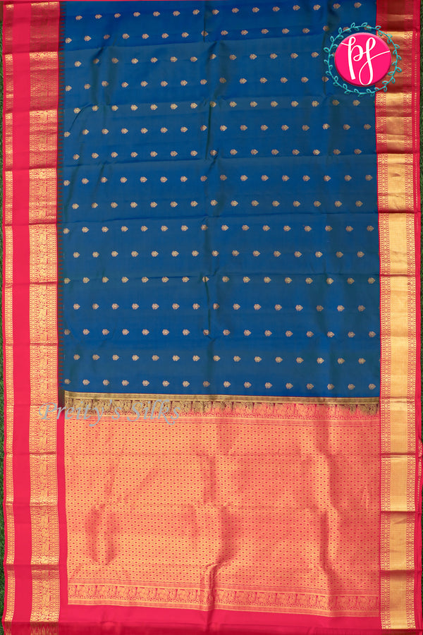 Pure Kanchipuram Silk Saree-Peacockblue And Red-PA23514