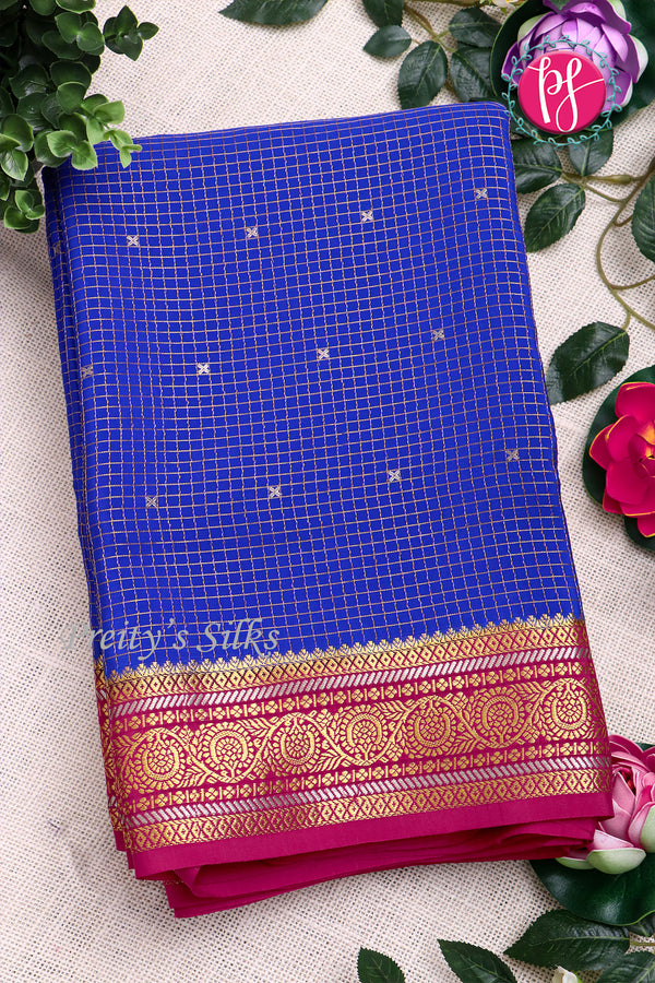 Pure Mysore Crepe Silk Saree -Royal Blue With Pink-PF80561