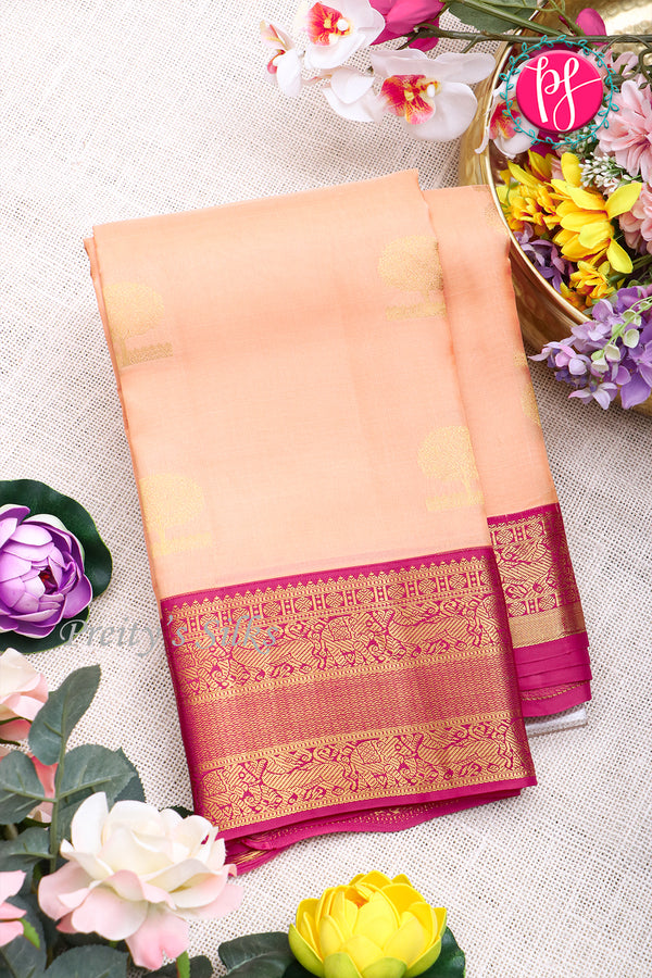 Half Pure Kanchipuram Silk Saree-Soft Peach And Mejentapink-PA25832