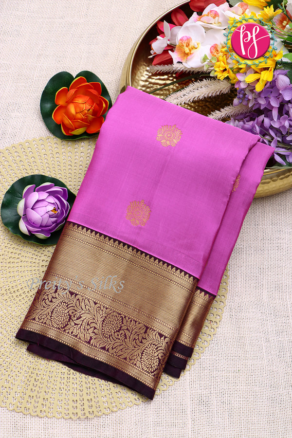 Half Pure Kanchipuram Silk Saree-Brigth Pink With Deep Purple-PF81397