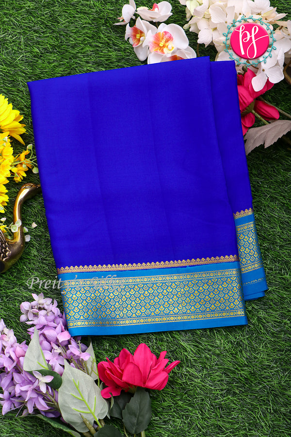 Pure Mysore Crepe Silk Saree-Royalblue And Tealblue-PA22355