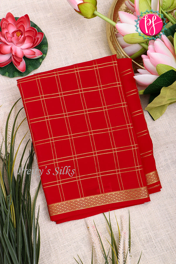 Pure Mysore Crepe Silk Saree-Doublechecks-Red-PA20527