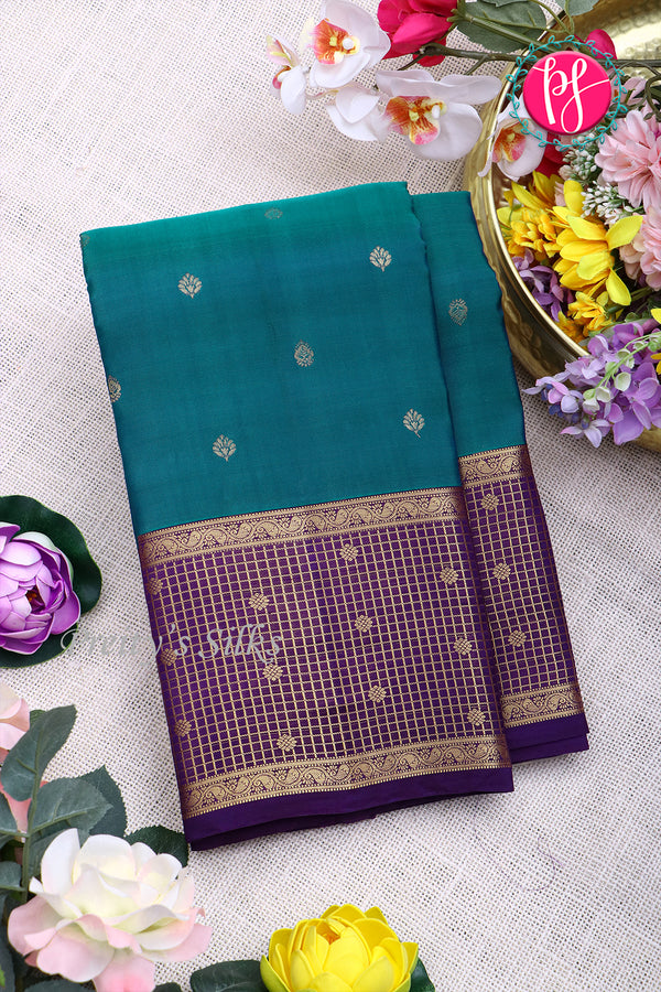Half Pure Kanchipuram Silk Saree-Peacock blue And Purple-PA24692