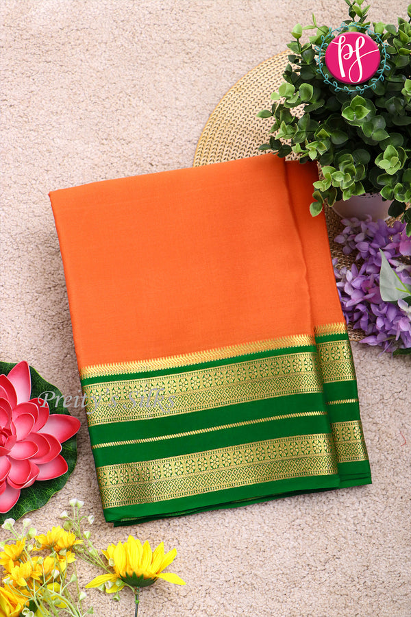 Pure Mysore Crepe Silk Saree-Marigold orange And Green-PA19929