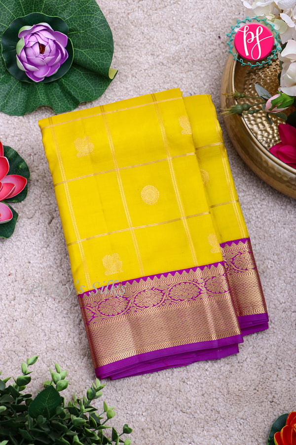 Pure Kanchipuram Silk Saree-Yellow And Purple-PA23588