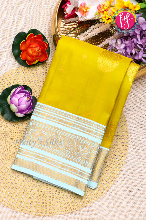 Pure Kanchipuram Silk Saree-Ligth Lime Green With Ligth Sea Blue-PF81271