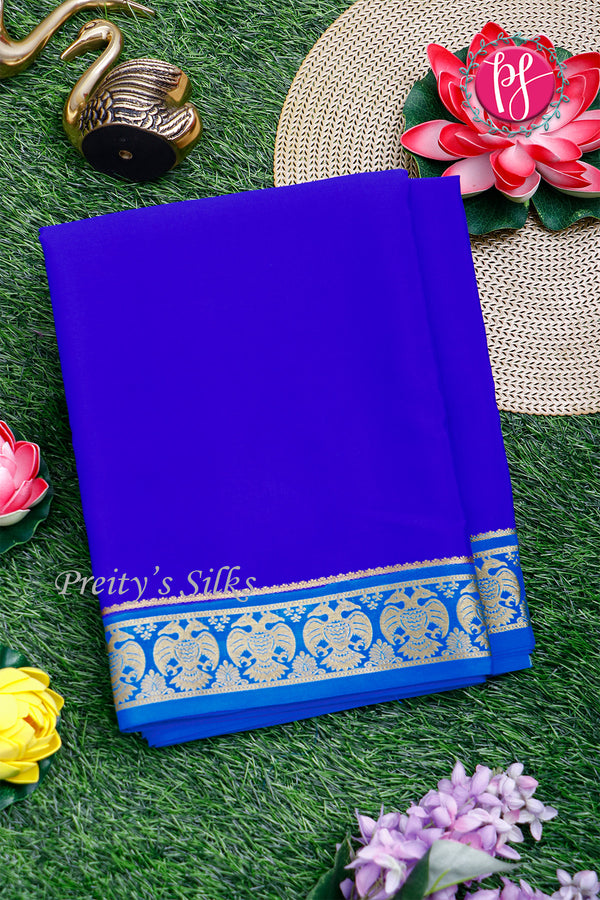 Pure Mysore Crepe Silk Saree-Gandaberunda Border-Royalblue And Lightblue-PA19895