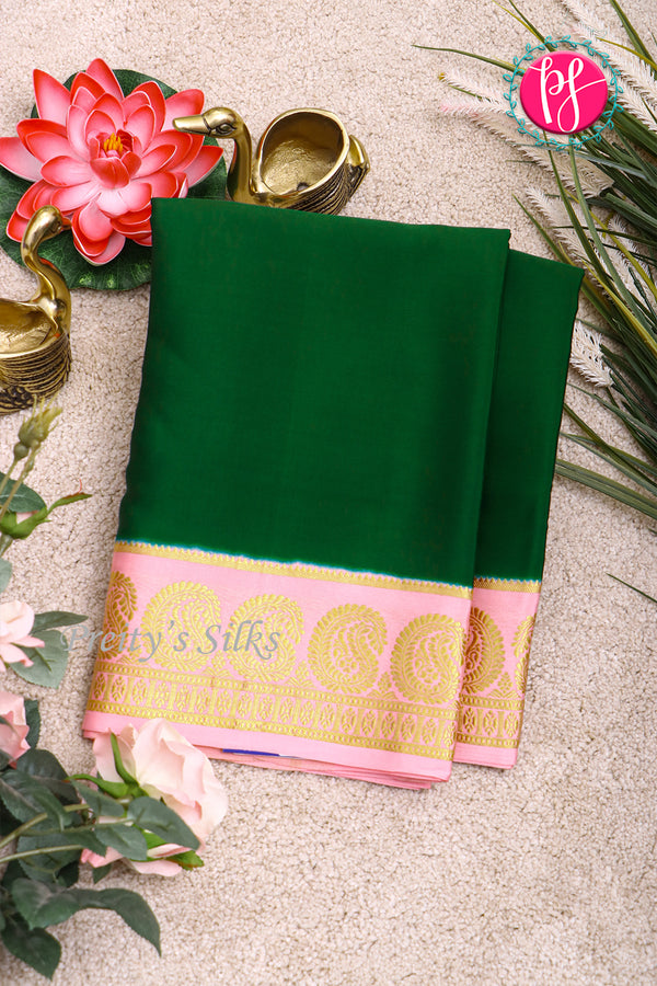 Pure Mysore Crepe Silk Saree-Bottlegreen And Lightpink-PA20648