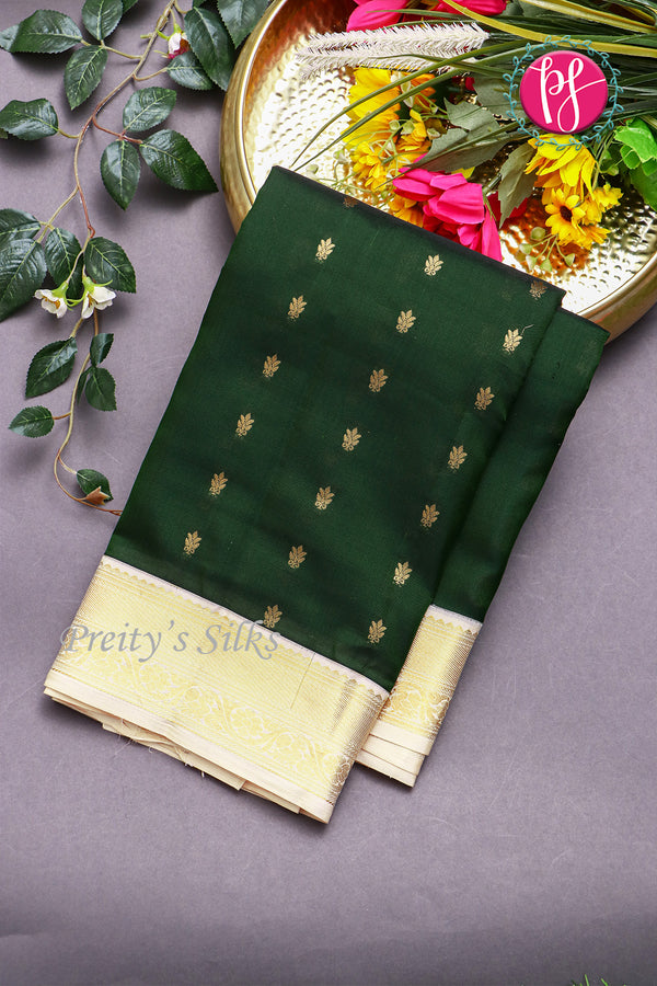 Pure Kanchipuram Silk Saree-Bottle Green With Cream-PF72362