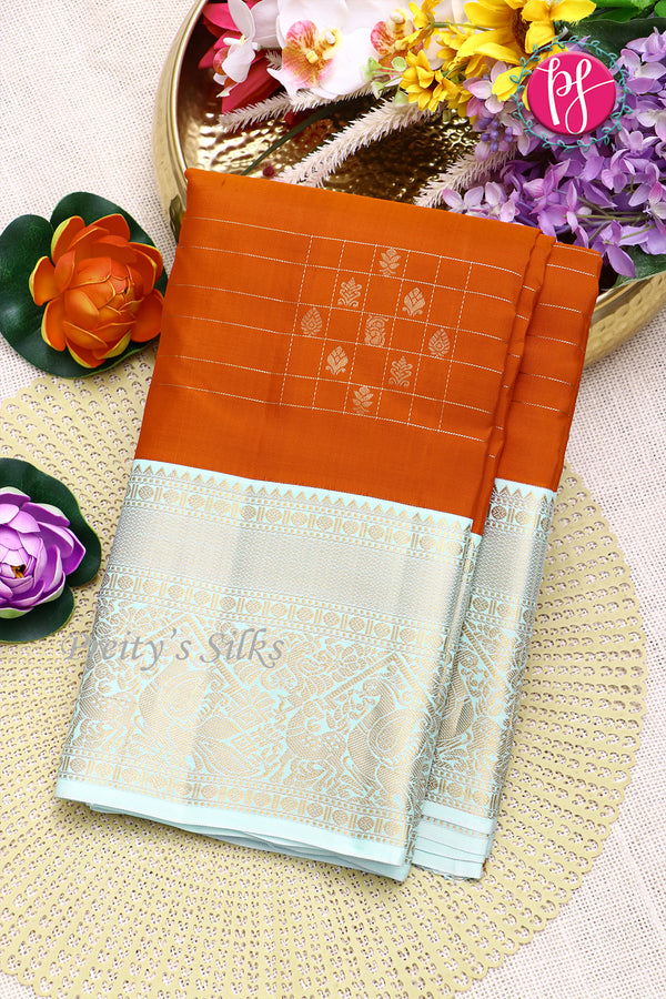 Pure Kanchipuram Silk Saree-Rust Orange with Sea Green-PF81307