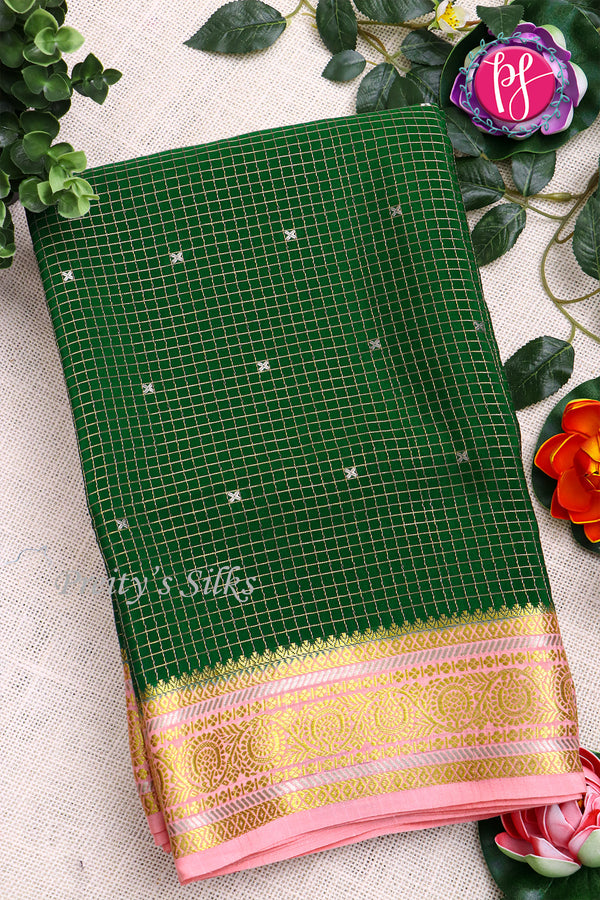 Pure Mysore Crepe Silk Saree -Bottle Green With Baby Pink -PF80567