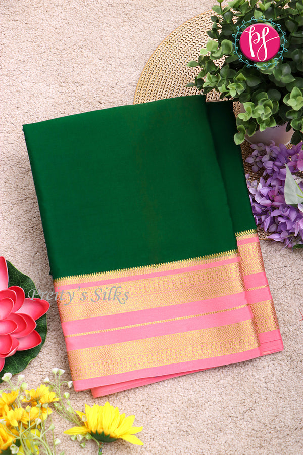 Pure Mysore Crepe Silk Saree-Darkgreen And Light pink-PA19929