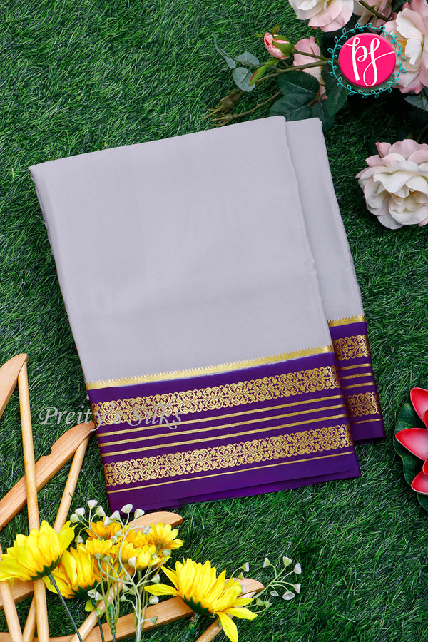 Pure Mysore Crepe Silk Saree-Grey And Purple-PA29028