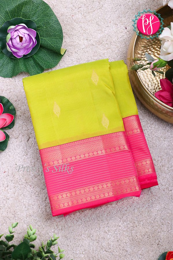 Half Pure Kanchipuram Silk Saree-Olive yellow And Pink- PA24996