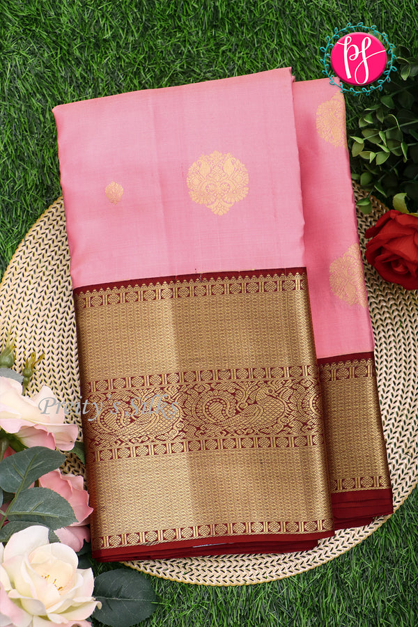 Pure Kanchipuram Silk Saree-Lightpink And Marron-PA23514