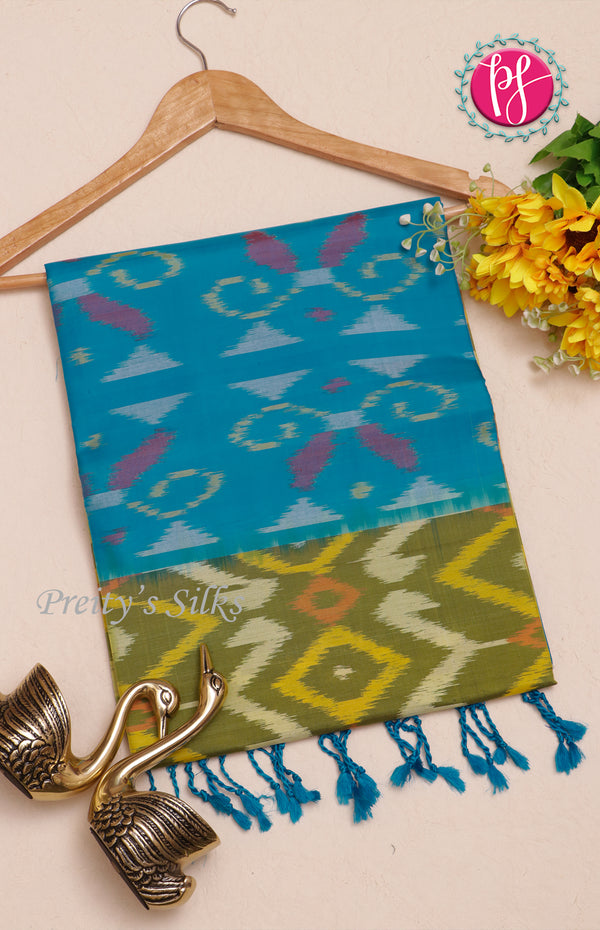 Pure Pochampally Soft Silk saree - Olive Green - Sky Blue-PF38076