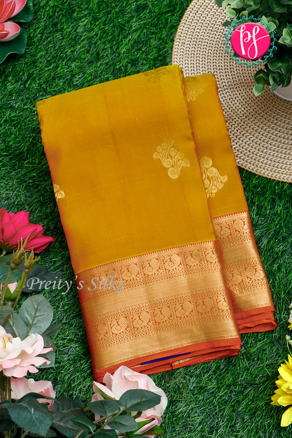 Half Pure Kanchipuram Silk Saree-Mustardyellow And RustOrange-PA24684