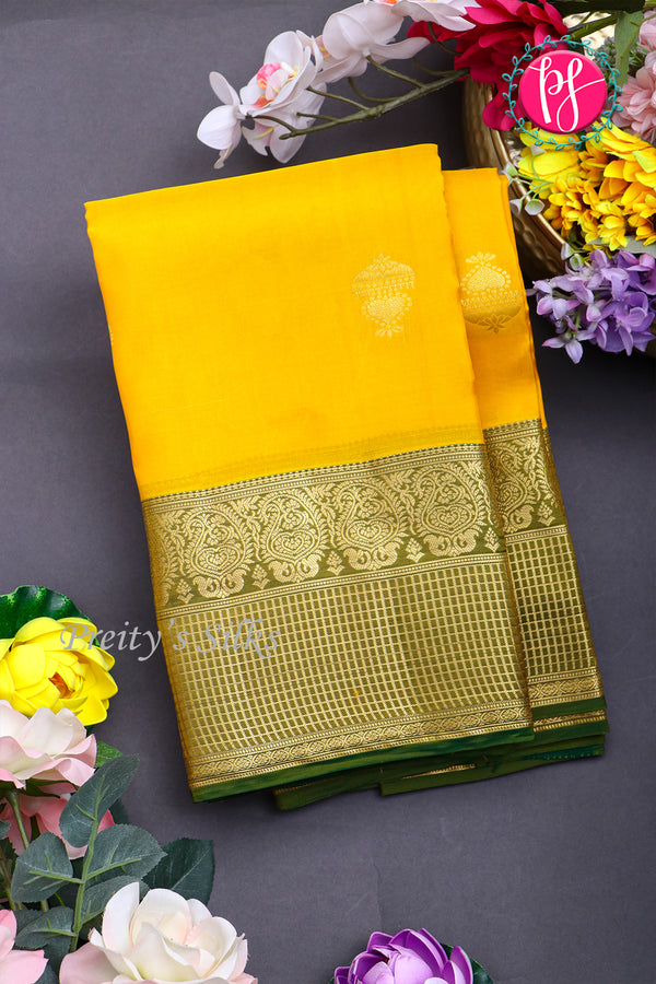 Half Pure Kanchipuram Silk Saree-Yellow And Green-PA25832