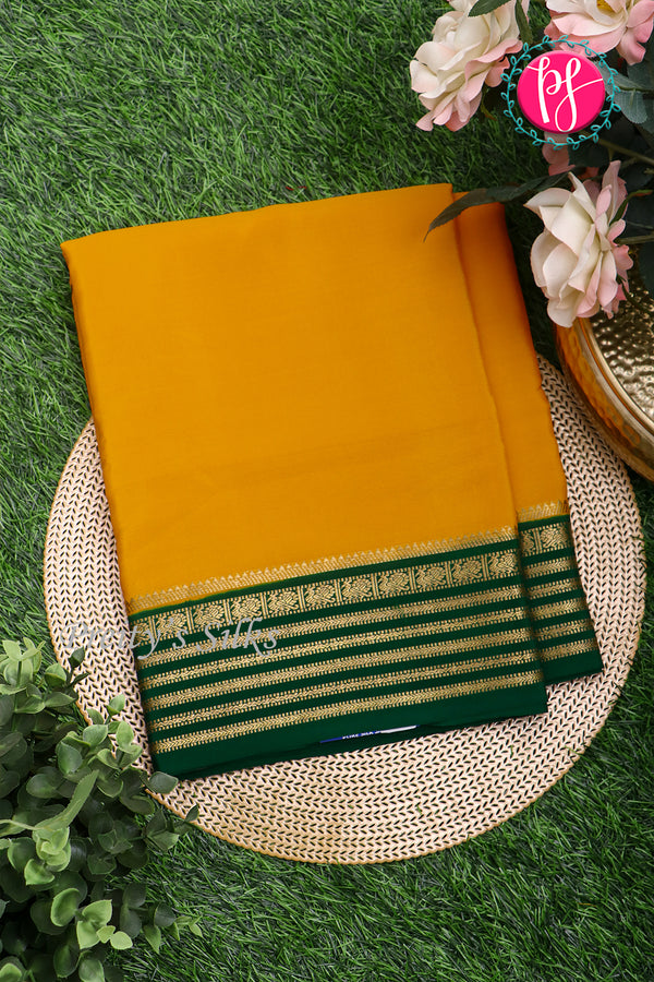 Pure Mysore Crepe Silk Saree-Mustardyellow And Bottlegreen-PA26302