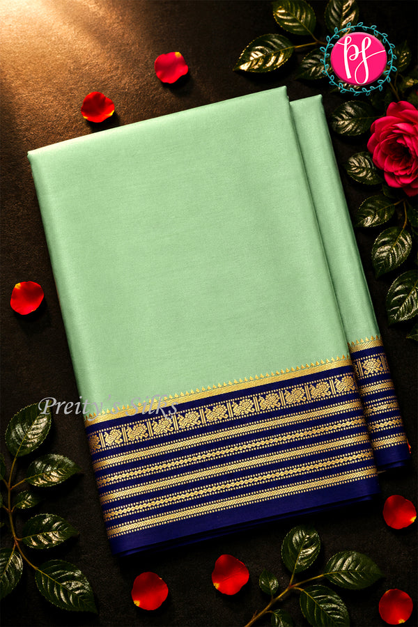 Pure Mysore Crepe Silk Saree -Pistagreen And Navyblue-PA47018