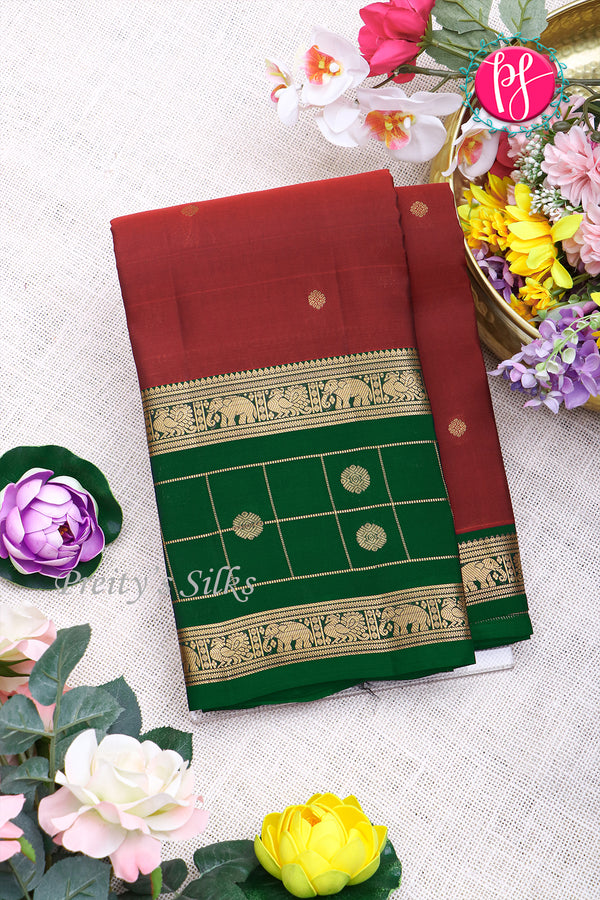 Half Pure Kanchipuram Silk Saree-Maroon And Bottlegreen-PA24684