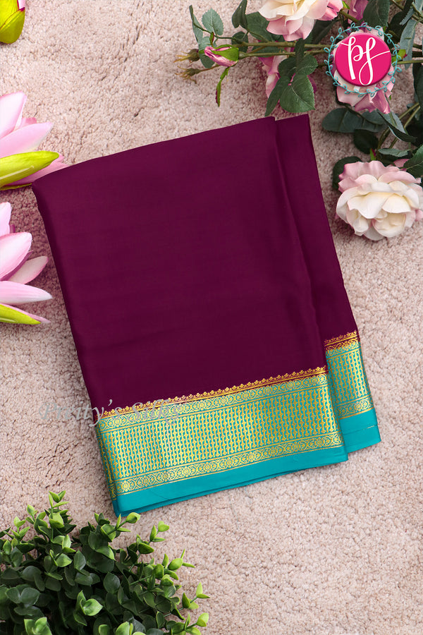 Pure Mysore Crepe Silk Saree -Dark Wine And Turquoise blue-PF82724