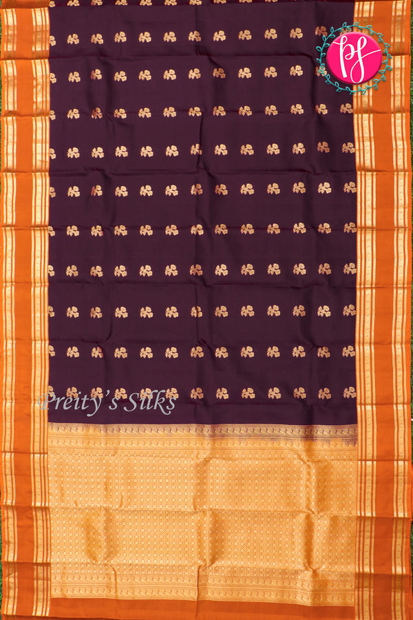 Half Pure Kanchipuram Silk Saree-Dark Plum And Rustorange-PA35211